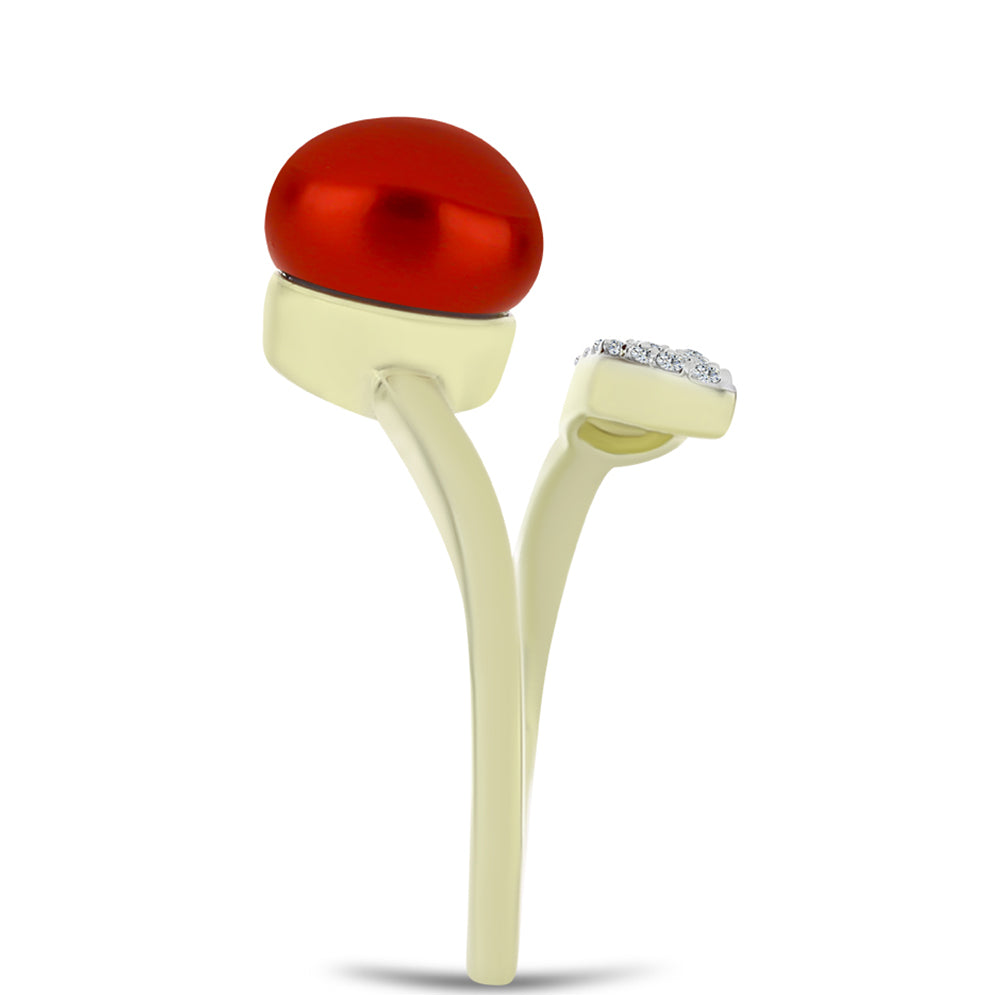 Anel de Prata com Banho de Ouro com Pérola Vermelha de Água Doce e Topázio Branco  Contraste: Cabeca de Veado (800) 4 