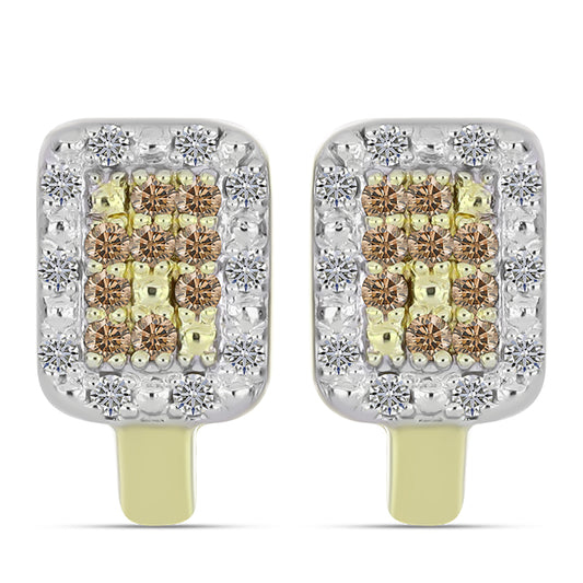 Brincos de Prata com Banho de Ouro com Diamante Champanhe e Diamante Branco