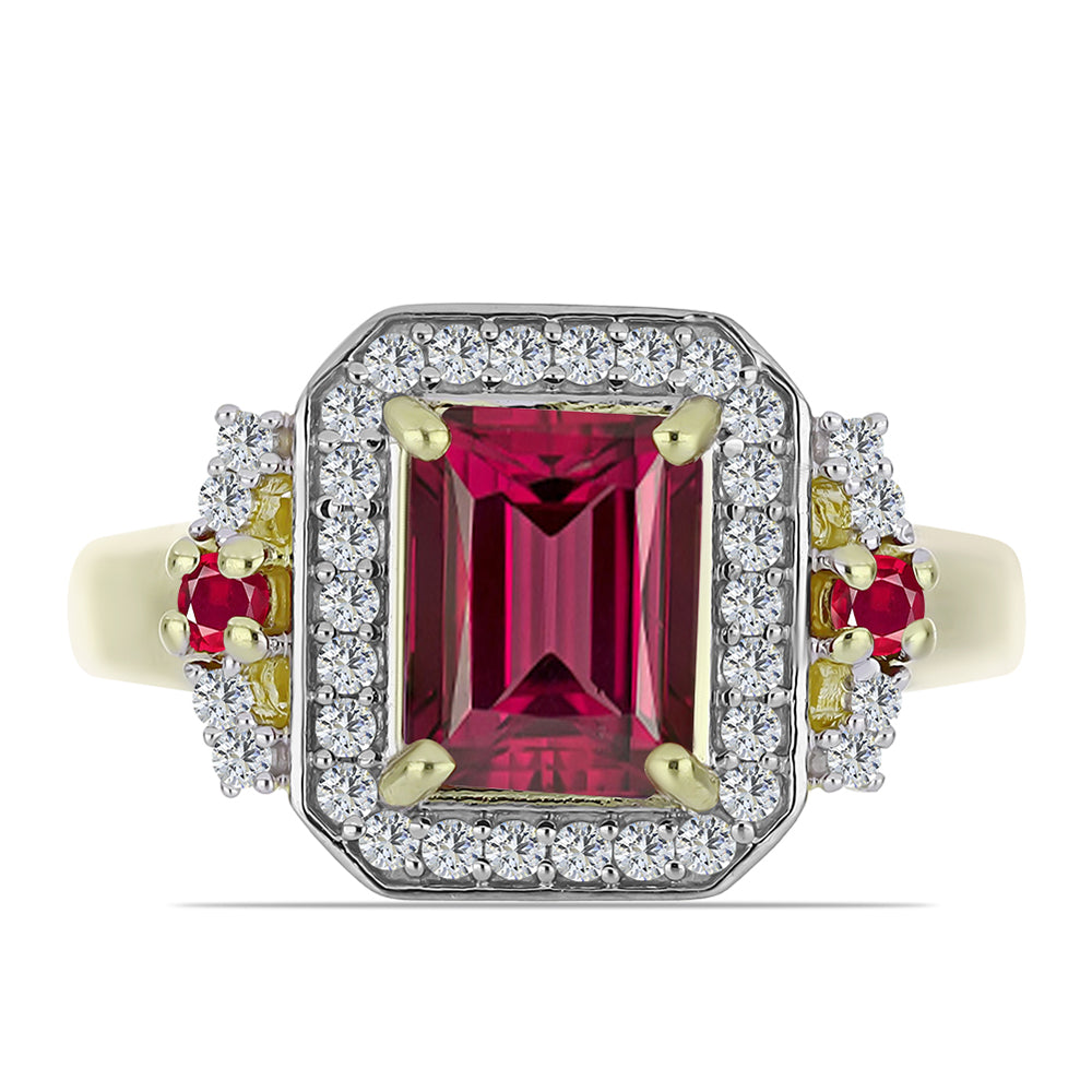 Anel de Prata com Banho de Ouro com Rubi de Madagáscar e Topázio Branco  Contraste: Cabeca de Veado (800) 1 