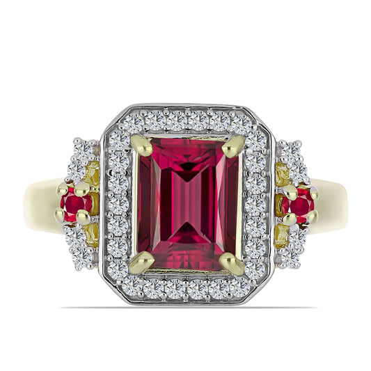 Anel de Prata com Banho de Ouro com Rubi de Madagáscar e Topázio Branco  Contraste: Cabeca de Veado (800)