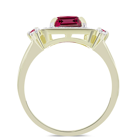 Anel de Prata com Banho de Ouro com Rubi de Madagáscar e Topázio Branco  Contraste: Cabeca de Veado (800)