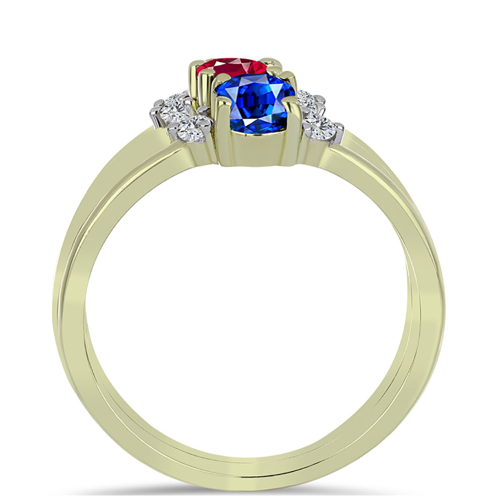 Conjunto de Prata com Banho de Ouro com Rubi de Madagáscar e Safira Azul Australiana ( Anel )  Contraste: Cabeca de Veado (800)