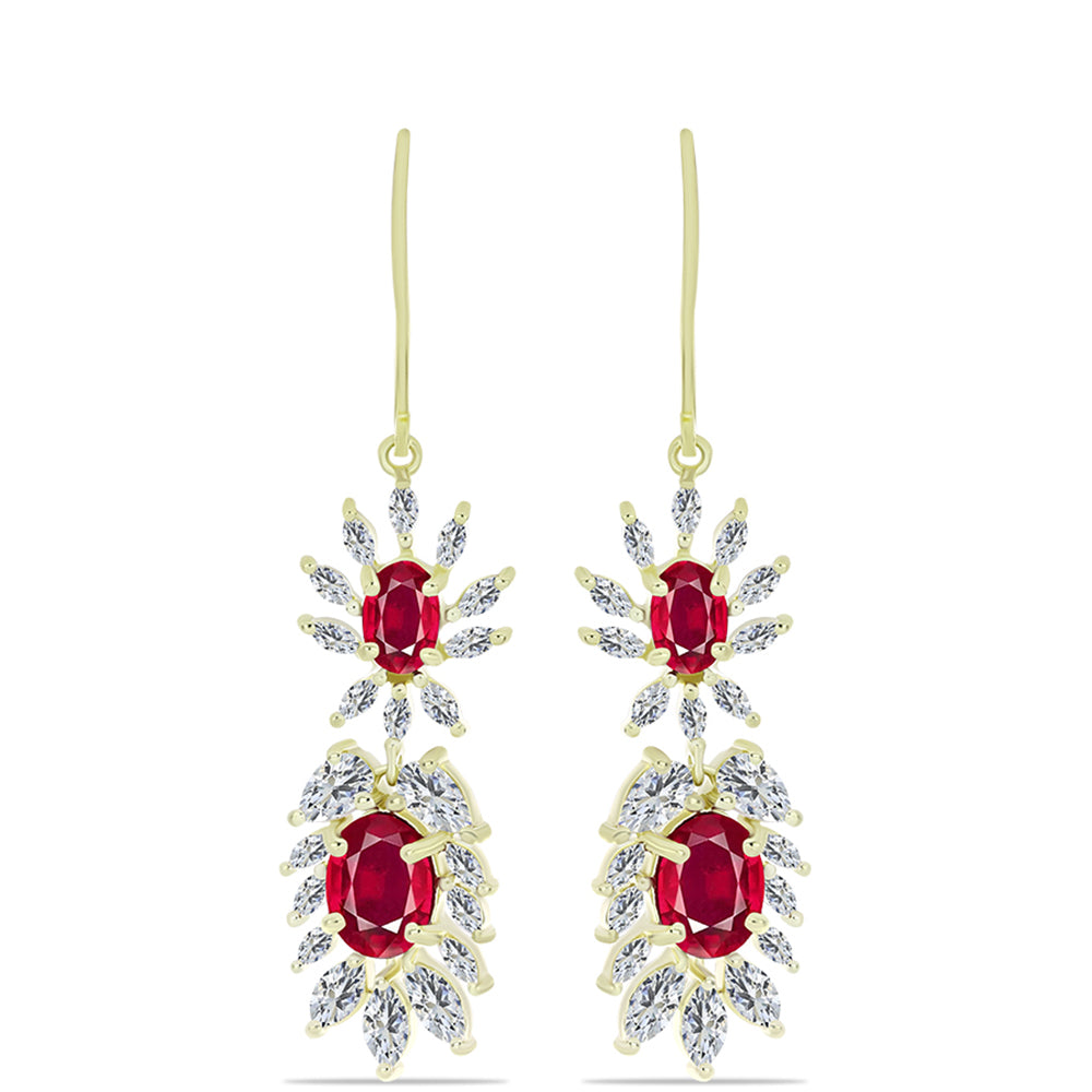 Brincos de Prata com Banho de Ouro com Rubi de Madagáscar e Zircão Branco