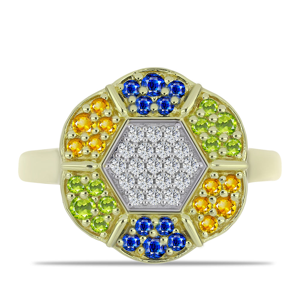 Anel de Prata com Banho de Ouro com Safira Arco-íris de Rosebery e Topázio Branco  Contraste: Cabeca de Veado (800) 1 