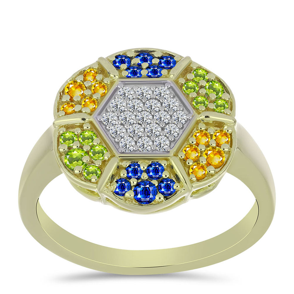 Anel de Prata com Banho de Ouro com Safira Arco-íris de Rosebery e Topázio Branco  Contraste: Cabeca de Veado (800) 3 