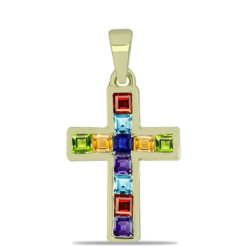 Cruz Pendente de Prata com Banho de Ouro com Safira Arco-íris de Rosebery