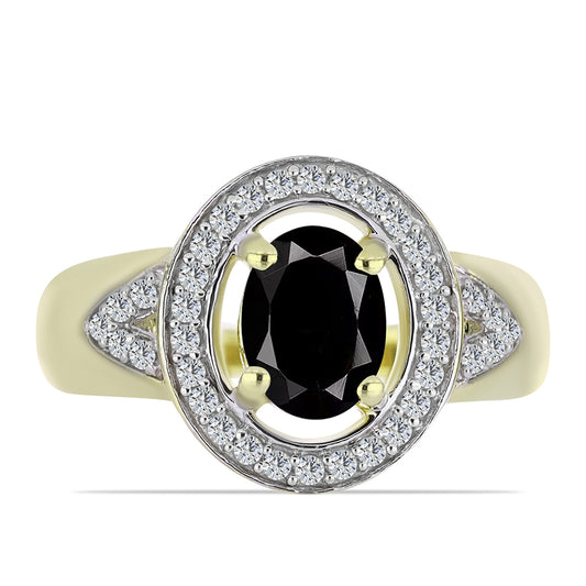 Anel de Prata com Banho de Ouro com Ónix Preta de Suwar e Topázio Branco  Contraste: Cabeca de Veado (800)