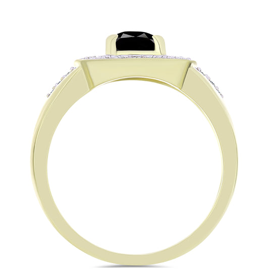 Anel de Prata com Banho de Ouro com Ónix Preta de Suwar e Topázio Branco  Contraste: Cabeca de Veado (800)