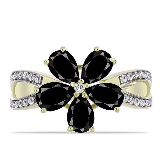 Anel de Prata com Banho de Ouro com Ónix Preta de Suwar e Topázio Branco  Contraste: Cabeca de Veado (800)