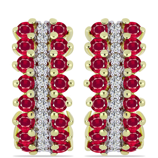 Brincos de Prata com Banho de Ouro com Rubi de Madagáscar e Topázio Branco