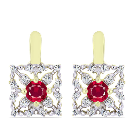 Brincos de Prata com Banho de Ouro com Rubi de Madagáscar e Topázio Branco