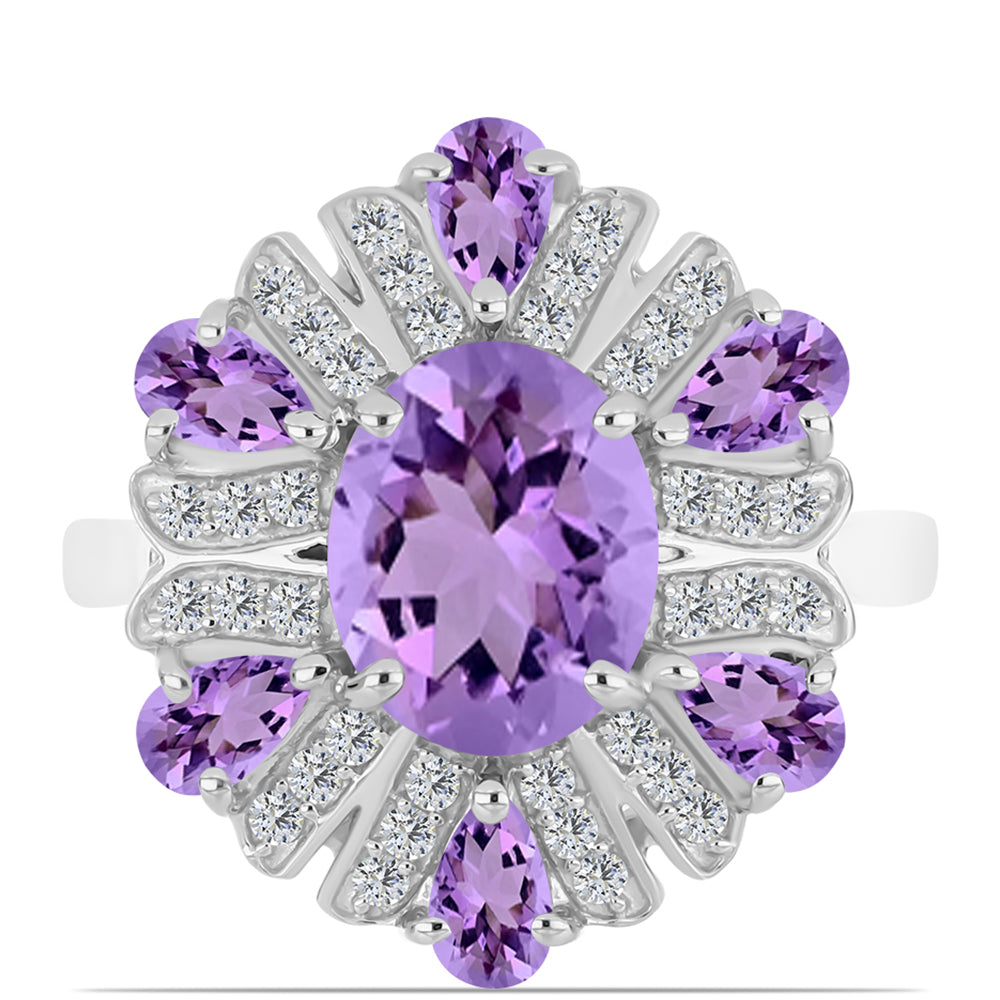 Anel de Prata com Ametista Rosa de França e Topázio Branco  Contraste: Cabeca de Veado (800) 1 