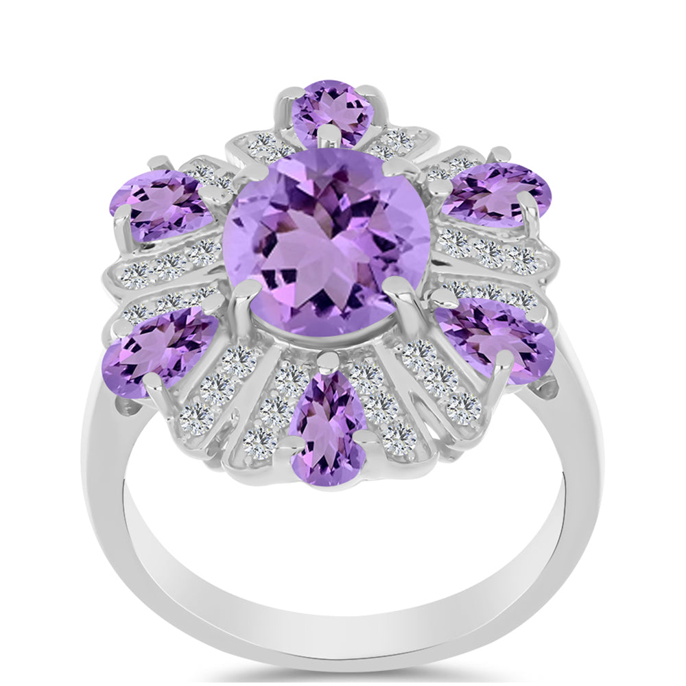 Anel de Prata com Ametista Rosa de França e Topázio Branco  Contraste: Cabeca de Veado (800)