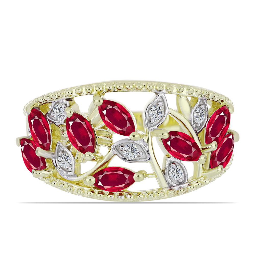 Anel de Prata com Banho de Ouro com Rubi de Madagáscar e Topázio Branco  Contraste: Cabeca de Veado (800)