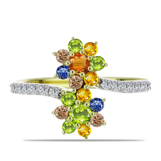 Anel de Prata com Banho de Ouro com Safira Arco-íris de Rosebery e Topázio Branco