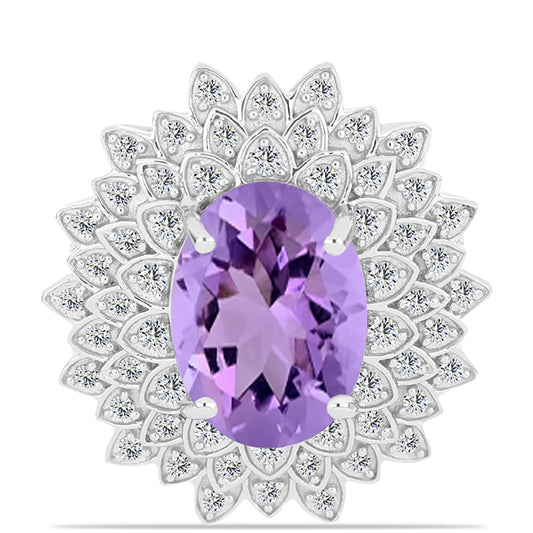Anel de Prata com Ametista Rosa de França e Topázio Branco  Contraste: Cabeca de Veado (800)