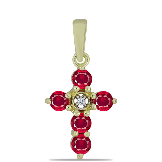 Cruz Pendente de Prata com Banho de Ouro com Rubi de Madagáscar e Topázio Branco