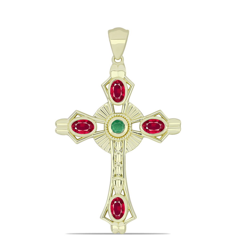 Cruz Pendente de Prata com Banho de Ouro com Rubi de Madagáscar e Esmeralda do Brasil  Contraste: Cabeca de Veado (800)