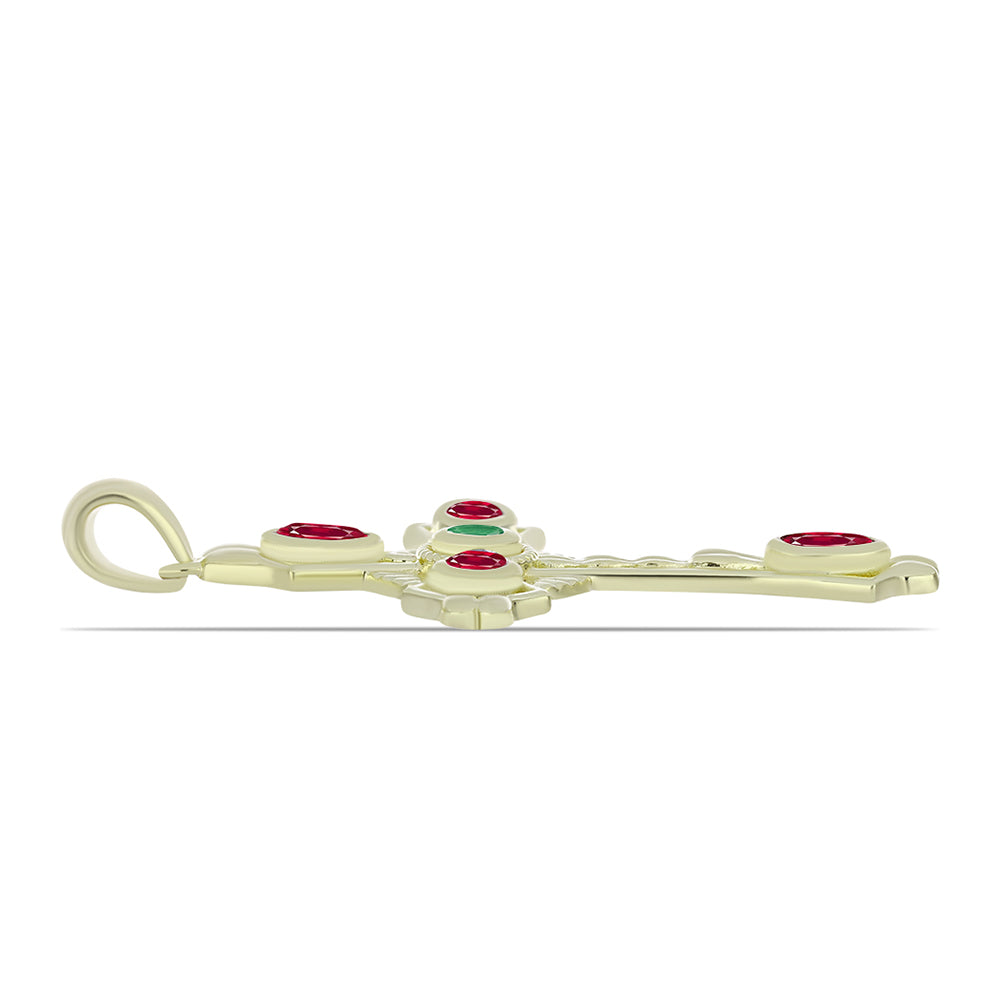 Cruz Pendente de Prata com Banho de Ouro com Rubi de Madagáscar e Esmeralda do Brasil  Contraste: Cabeca de Veado (800) 2 