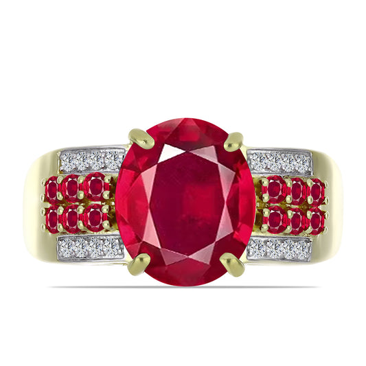 Anel de Prata com Banho de Ouro com Rubi de Madagáscar e Topázio Branco  Contraste: Cabeca de Veado (800)