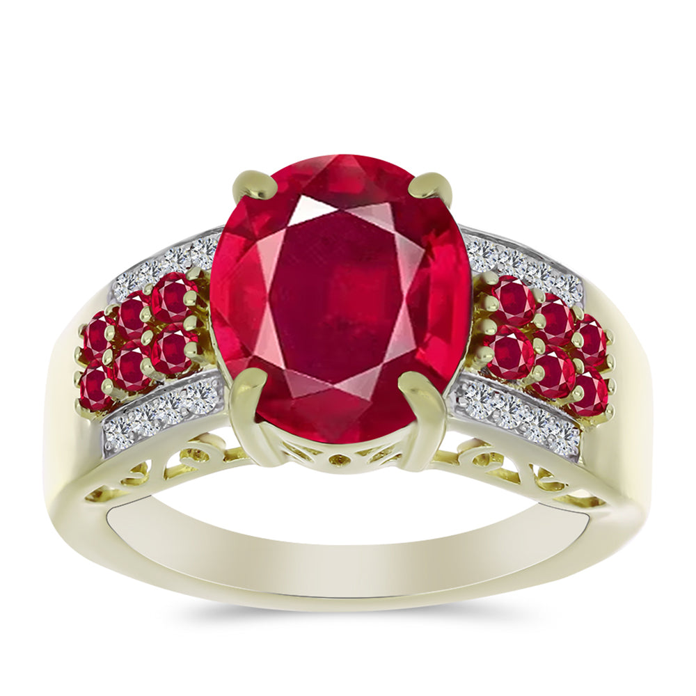 Anel de Prata com Banho de Ouro com Rubi de Madagáscar e Topázio Branco  Contraste: Cabeca de Veado (800)