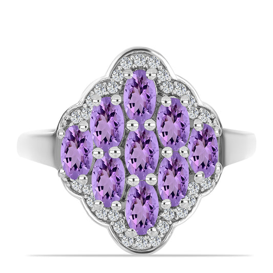 Anel de Prata com Ametista Rosa de França e Topázio Branco  Contraste: Cabeca de Veado (800)