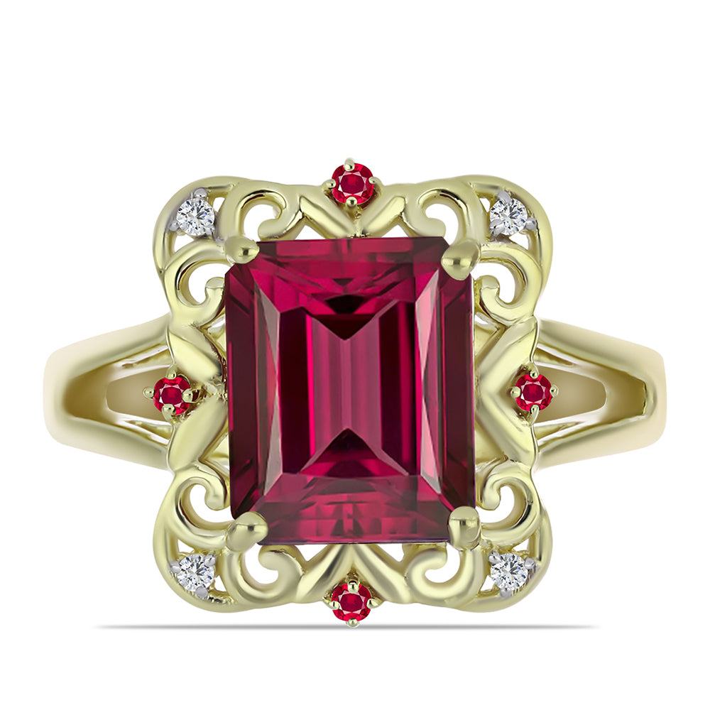 Anel de Prata com Banho de Ouro com Rubi de Madagáscar e Topázio Branco  Contraste: Cabeca de Veado (800) 1 