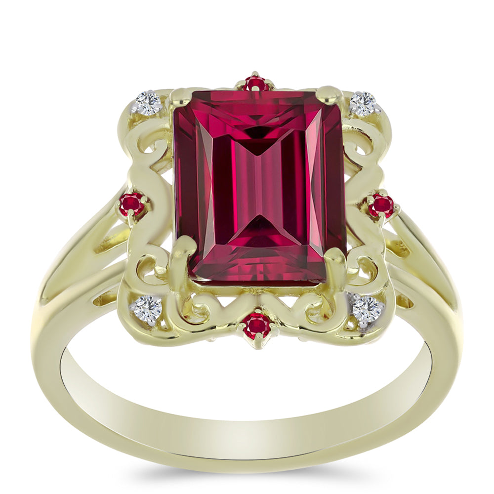 Anel de Prata com Banho de Ouro com Rubi de Madagáscar e Topázio Branco  Contraste: Cabeca de Veado (800)