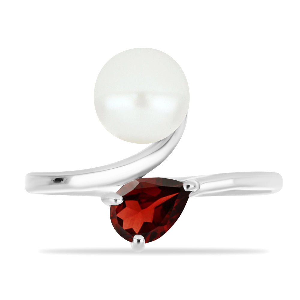 Anel de Prata com Granada de Barton e Pérola Branca de Água Doce 1 