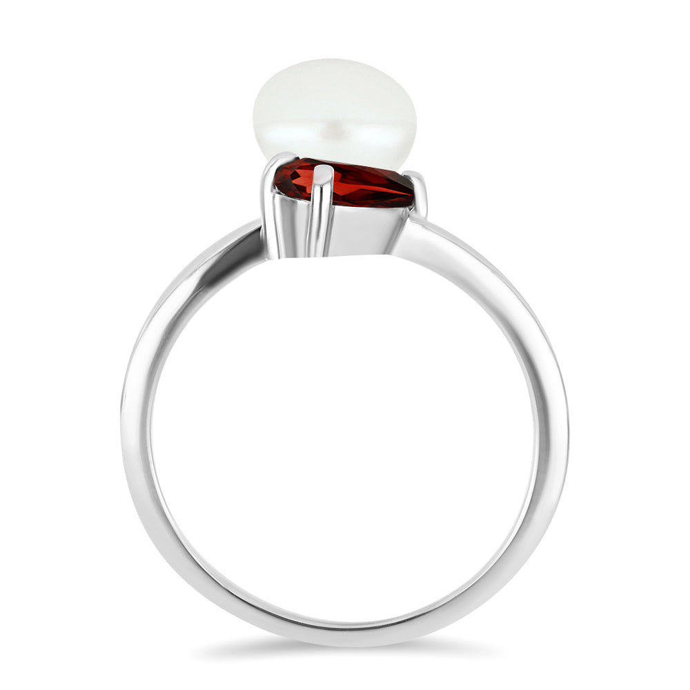 Anel de Prata com Granada de Barton e Pérola Branca de Água Doce 2 