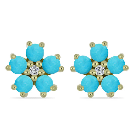 Brincos de Prata com Banho de Ouro com Turquesa Bela Adormecida e Topázio Branco