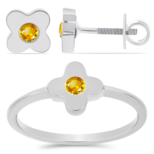 Conjunto de Prata com Citrino de Ural ( Brincos+Anel )  Contraste: Cabeca de Veado (800)