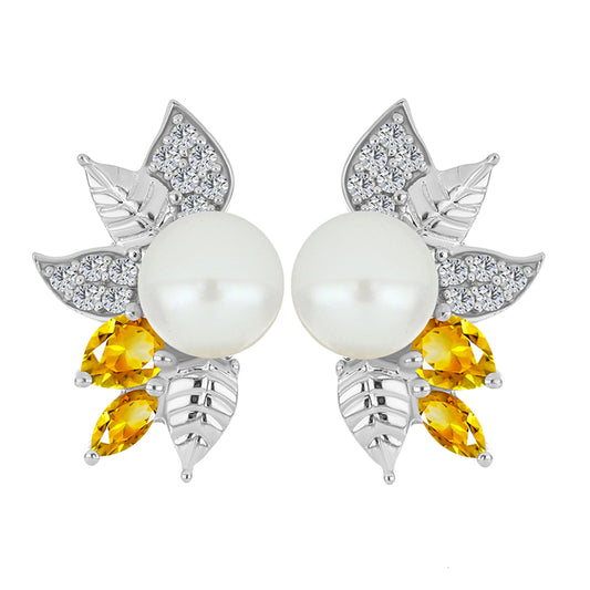 Brincos de Prata com Citrino de Ural e Pérola Branca de Água Doce  Contraste: Cabeca de Veado (800)