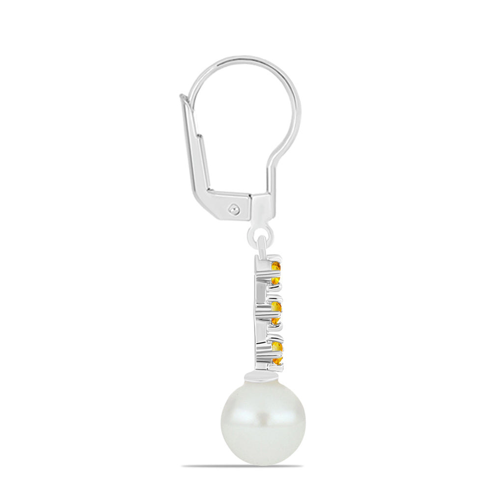 Brincos de Prata com Citrino de Ural e Pérola Branca de Água Doce