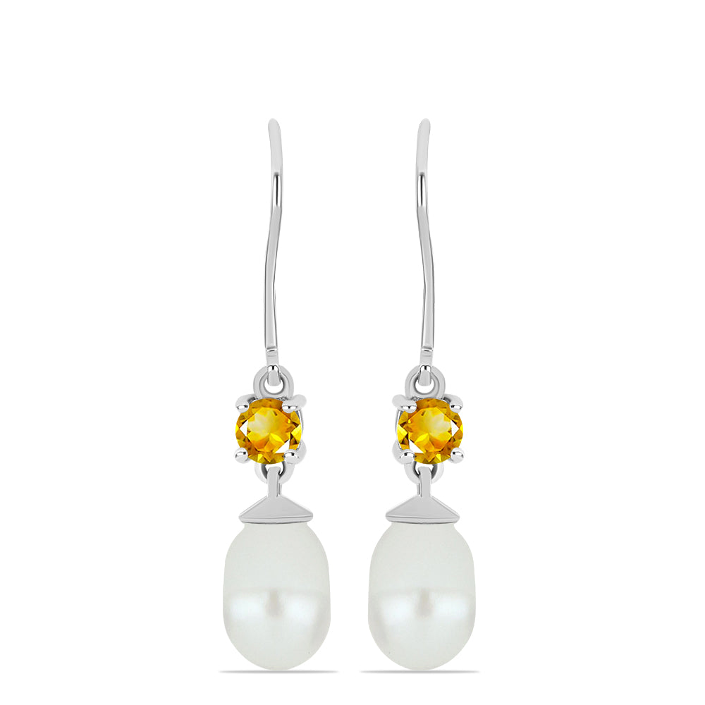 Brincos de Prata com Citrino de Ural e Pérola Branca de Água Doce