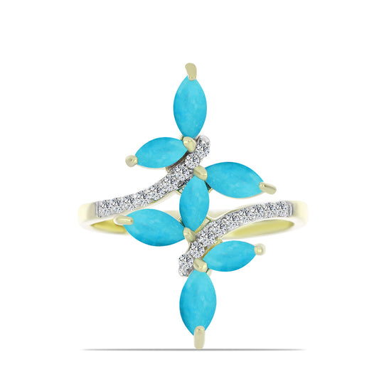 Anel de Prata com Banho de Ouro com Turquesa Bela Adormecida e Topázio Branco