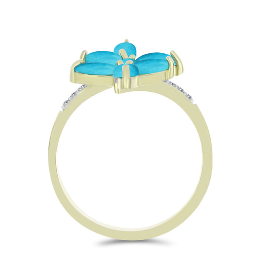 Anel de Prata com Banho de Ouro com Turquesa Bela Adormecida e Topázio Branco