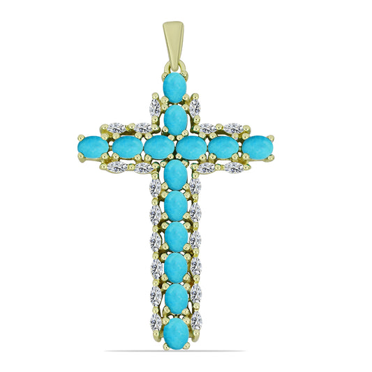 Cruz Pendente de Prata com Banho de Ouro com Turquesa Bela Adormecida e Zircão Branco  Contraste: Cabeca de Veado (800)