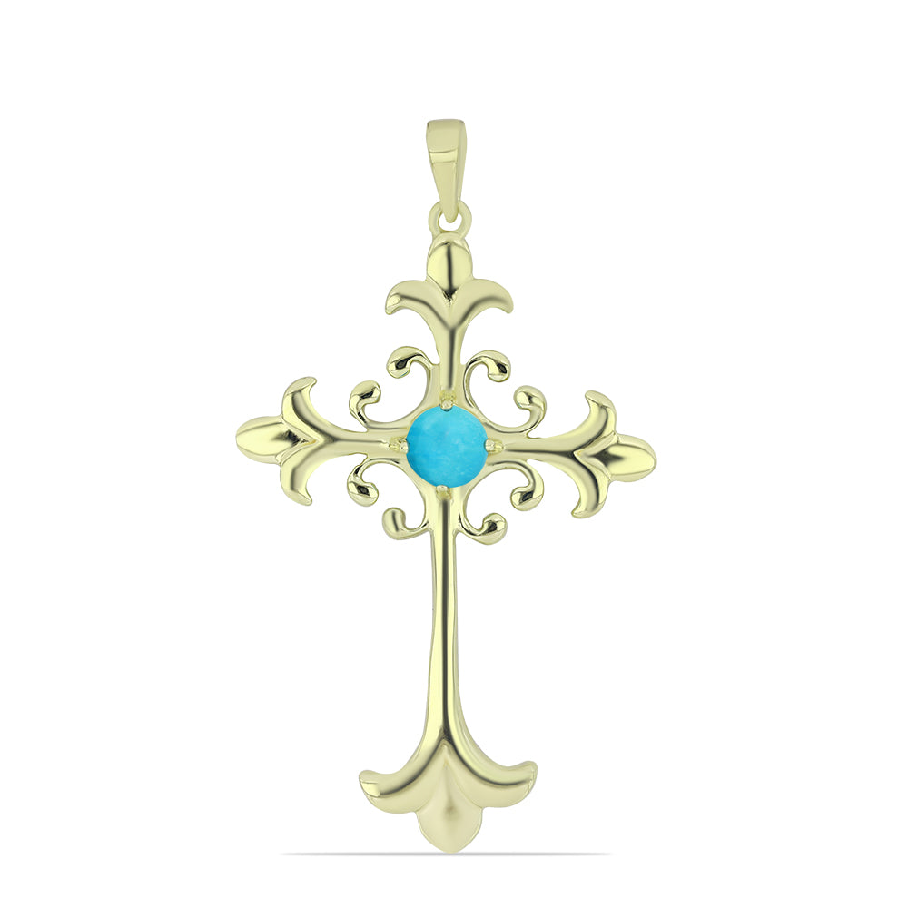 Cruz Pendente de Prata com Banho de Ouro com Turquesa Bela Adormecida  Contraste: Cabeca de Veado (800)