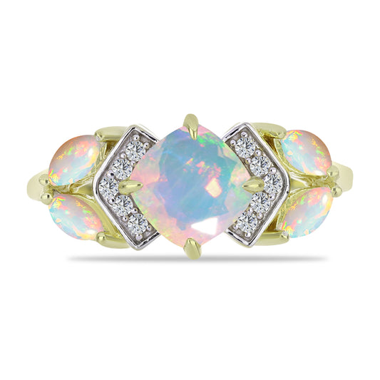 Anel de Prata com Banho de Ouro com Opala da Etiópia de Lega Dembi e Topázio Branco