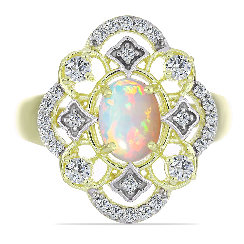 Anel de Prata com Banho de Ouro com Opala da Etiópia de Lega Dembi e Topázio Branco  Contraste: Cabeca de Veado (800) 1 