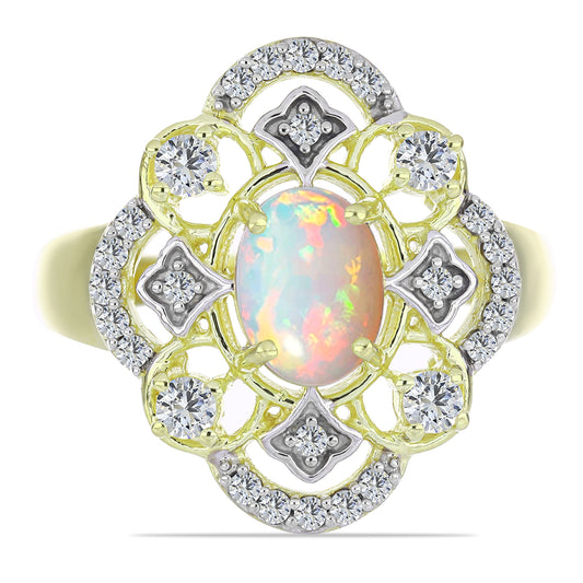 Anel de Prata com Banho de Ouro com Opala da Etiópia de Lega Dembi e Topázio Branco  Contraste: Cabeca de Veado (800)