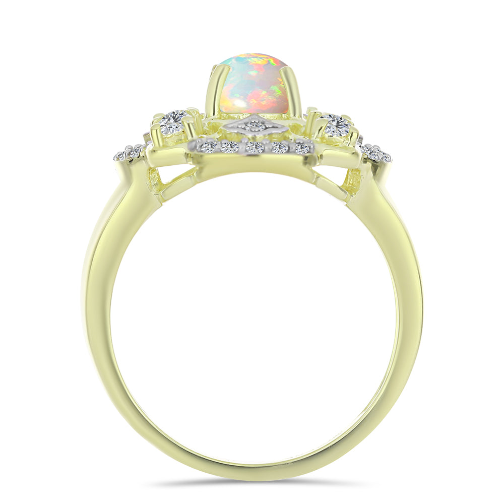 Anel de Prata com Banho de Ouro com Opala da Etiópia de Lega Dembi e Topázio Branco  Contraste: Cabeca de Veado (800)