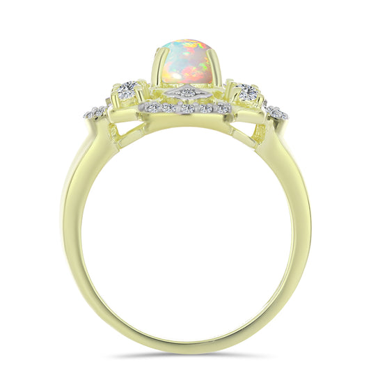 Anel de Prata com Banho de Ouro com Opala da Etiópia de Lega Dembi e Topázio Branco  Contraste: Cabeca de Veado (800)