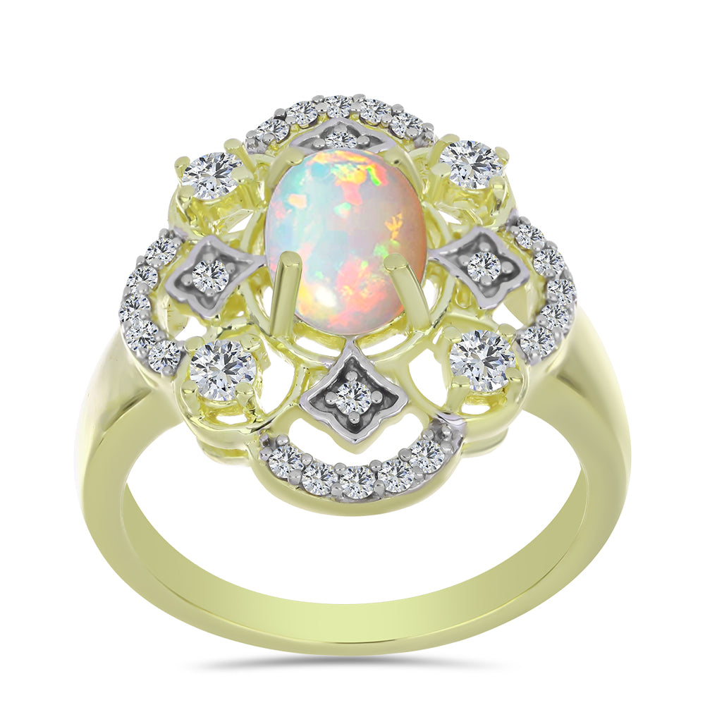 Anel de Prata com Banho de Ouro com Opala da Etiópia de Lega Dembi e Topázio Branco  Contraste: Cabeca de Veado (800) 3 