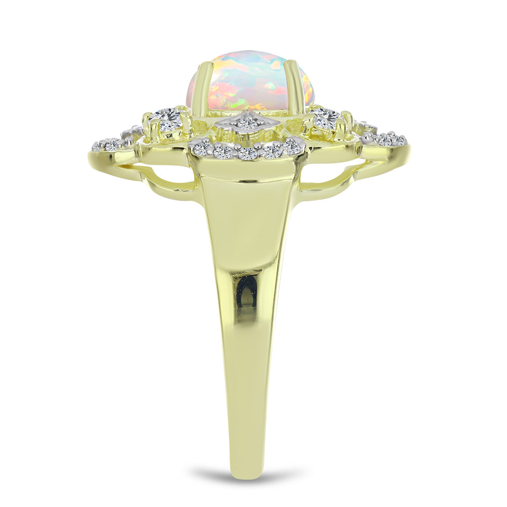 Anel de Prata com Banho de Ouro com Opala da Etiópia de Lega Dembi e Topázio Branco  Contraste: Cabeca de Veado (800)