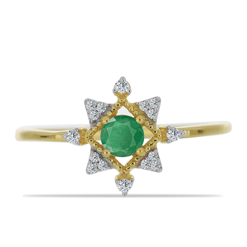 Anel de Prata com Banho de Ouro com Esmeralda do Brasil e Zircão Branco