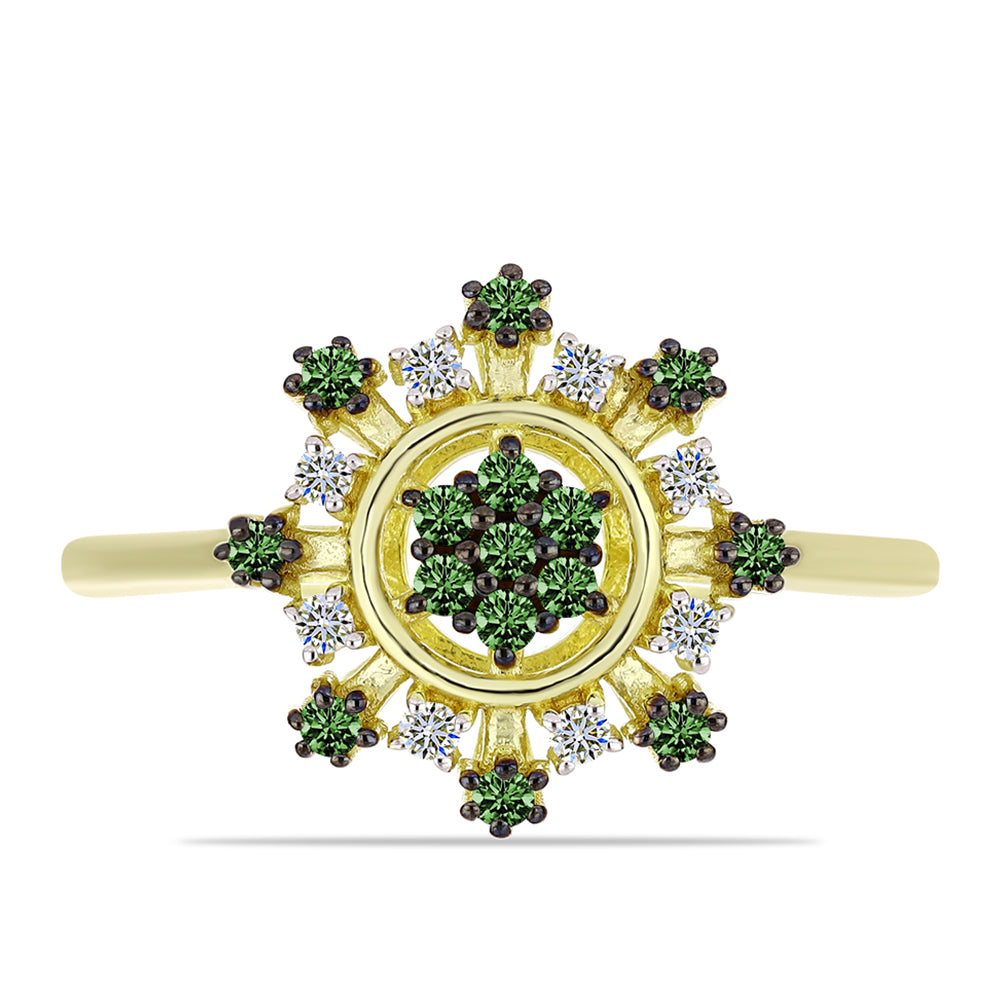 Anel de Prata com Banho de Ouro com Diamante Verde e Diamante Branco 1 