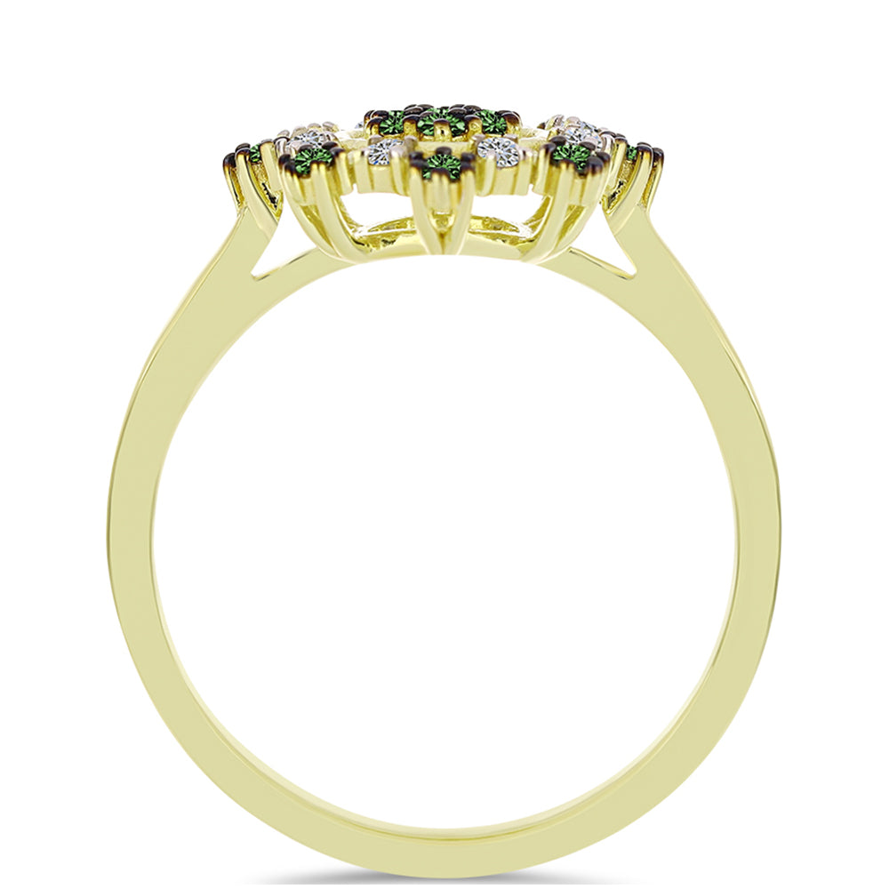 Anel de Prata com Banho de Ouro com Diamante Verde e Diamante Branco