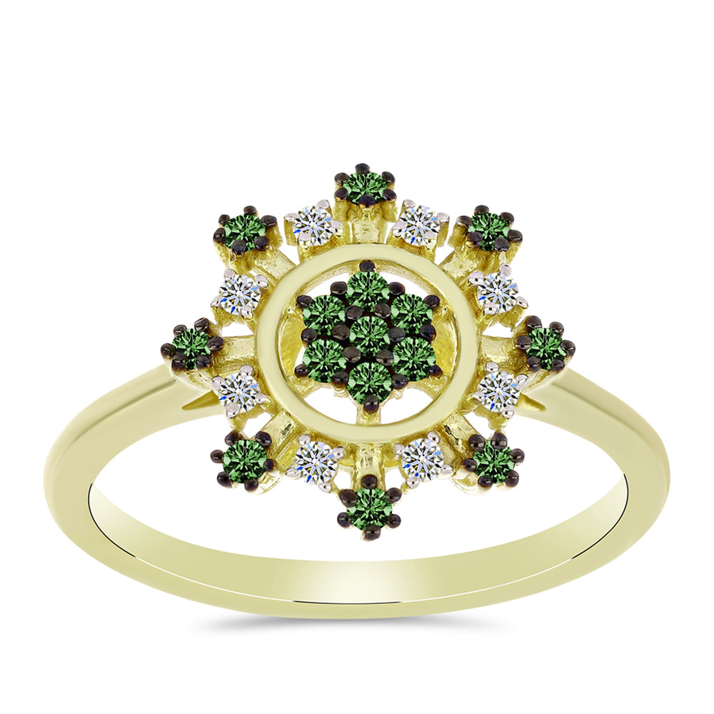 Anel de Prata com Banho de Ouro com Diamante Verde e Diamante Branco 3 